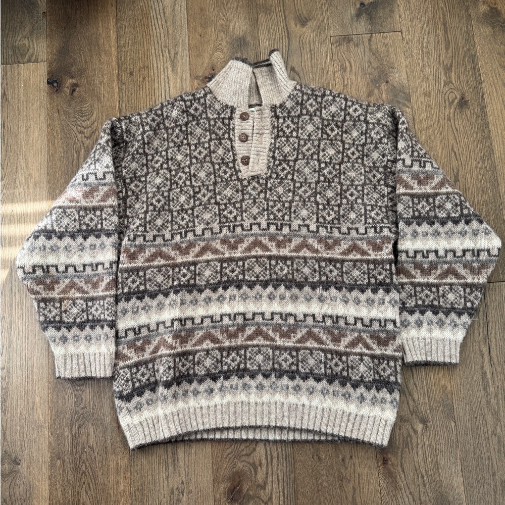 Vintage Icewear Icelandic Wool Sweater Henley Nordic Fair Isle Pullover (Large)